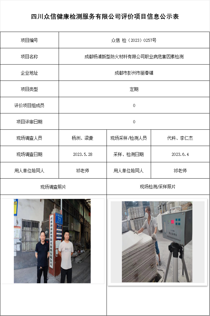 成都杨浦新型防火材料有限公司职业病危害因素检测