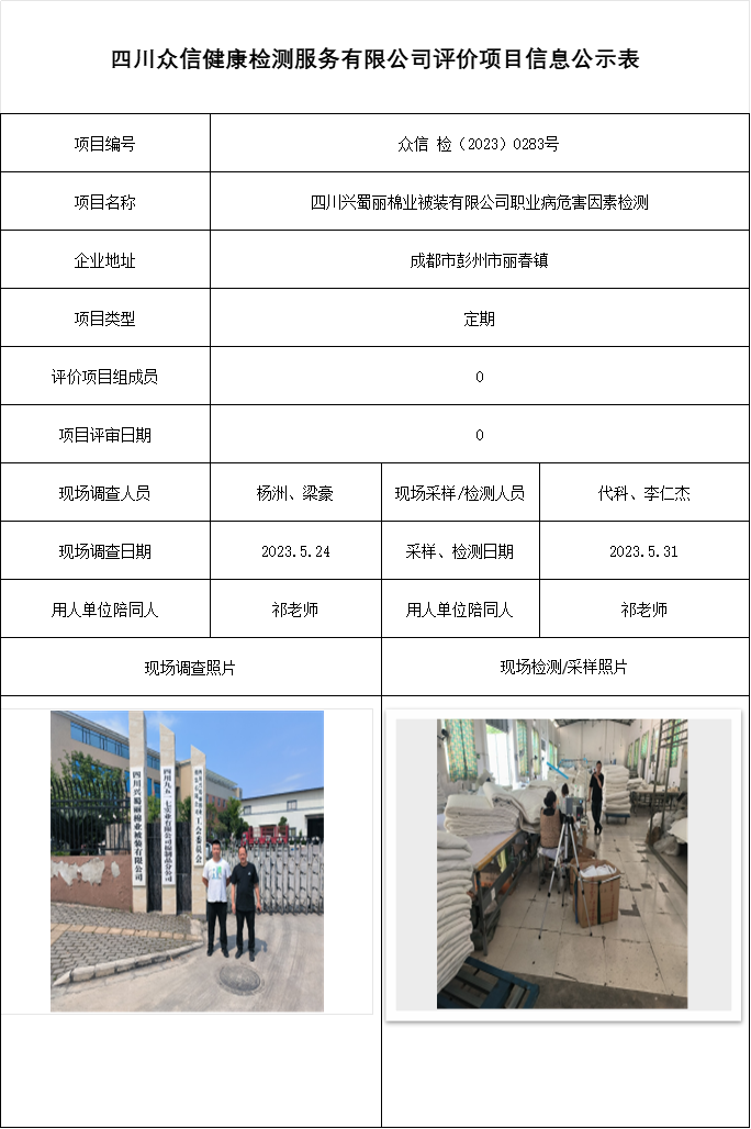 四川兴蜀丽棉业被装有限公司职业病危害因素检测