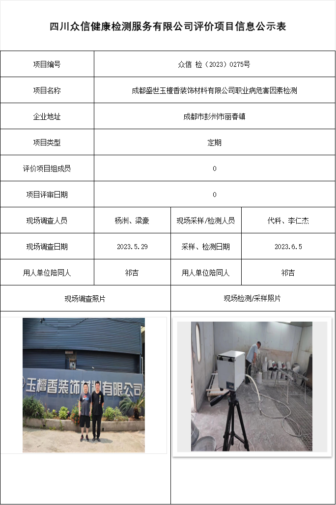 成都盛世玉檀香装饰材料有限公司职业病危害因素检测