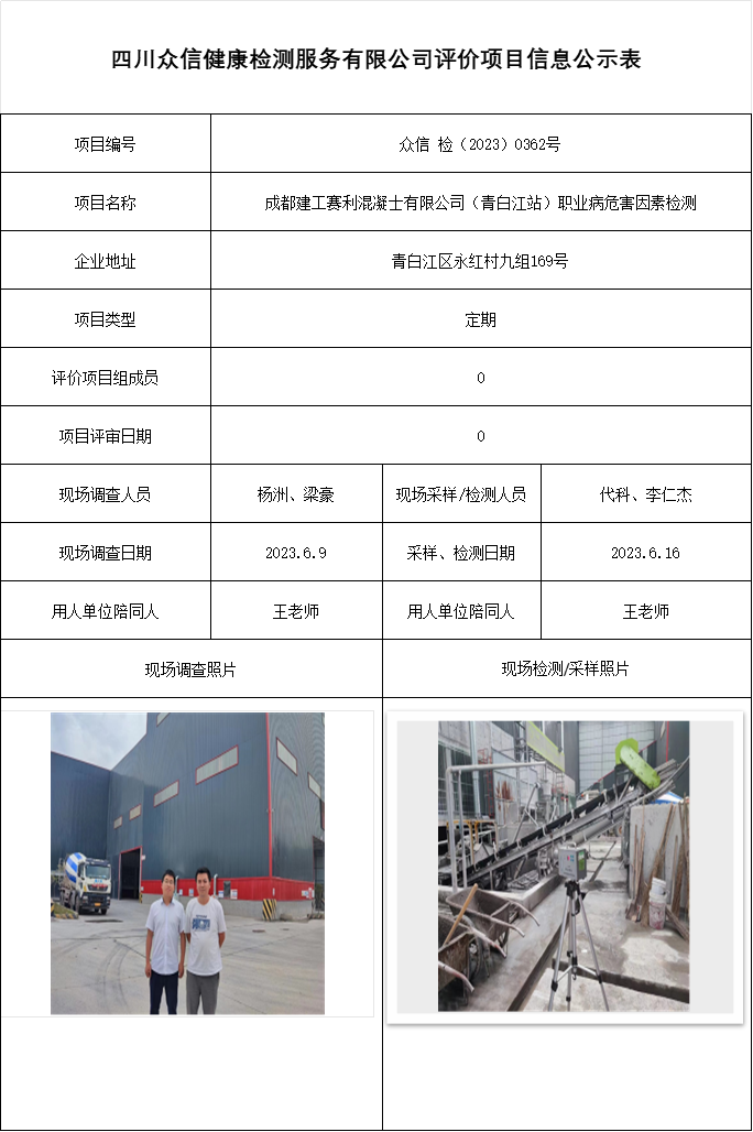 成都建工赛利混凝士有限公司（青白江站）职业病危害因素检测