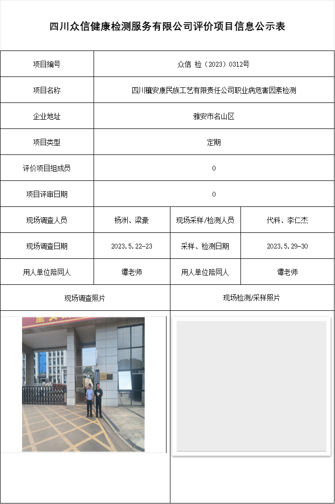 四川穰安康民族工艺有限责任公司职业病危害因素检测