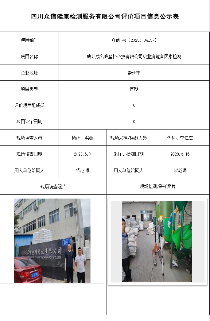 成都成名峰塑料科技有限公司职业病危害因素检测