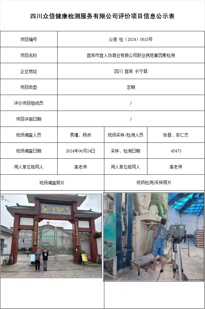 宜宾市宜人坊酒业有限公司职业病危害因素检测