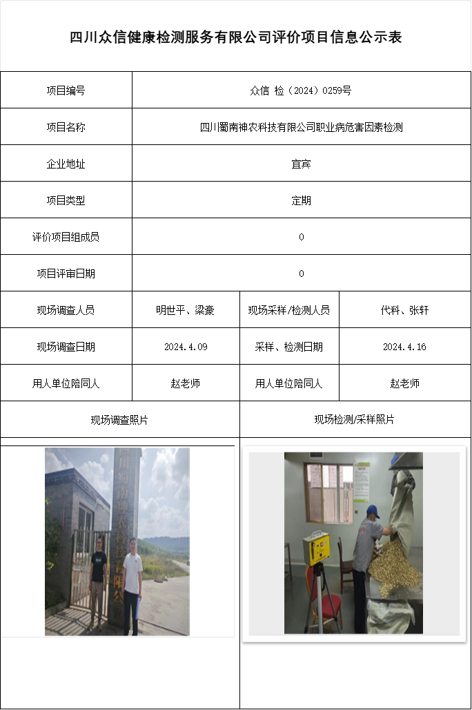 四川蜀南神农科技有限公司职业病危害因素检测