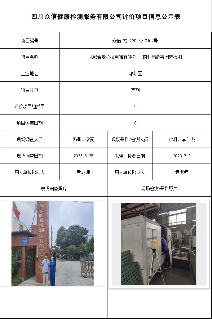 成都金腾机械制造有限公司 职业病危害因素检测