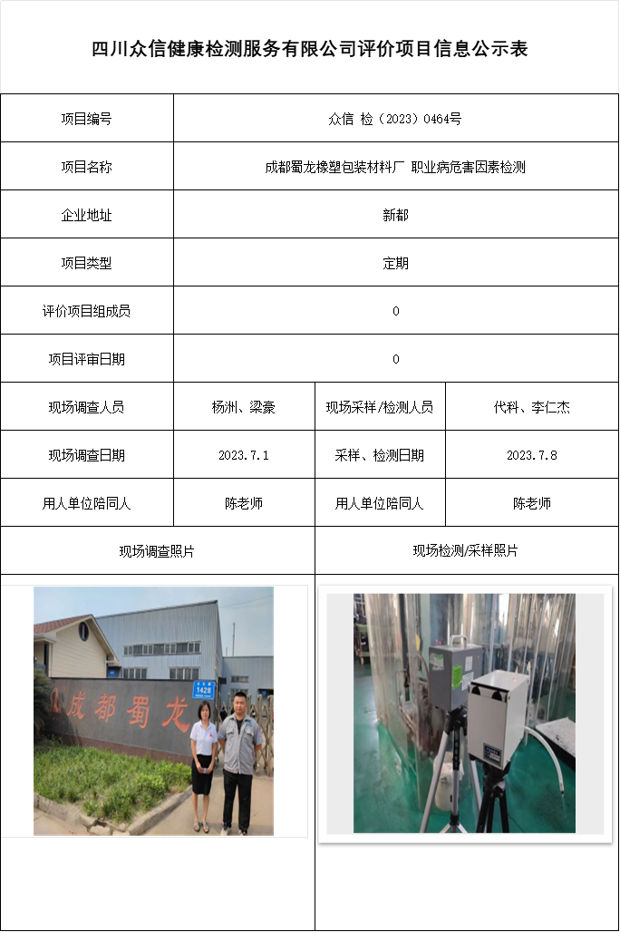 成都蜀龙橡塑包装材料厂 职业病危害因素检测