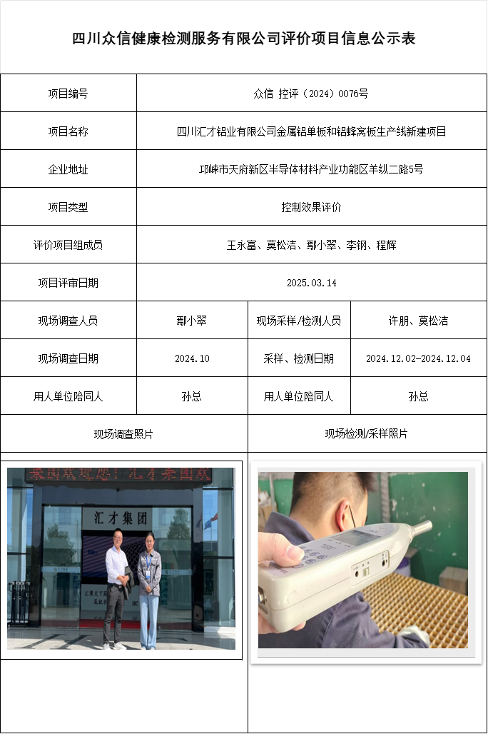 四川汇才铝业有限公司金属铝单板和铝蜂窝板生产线新建项目控评