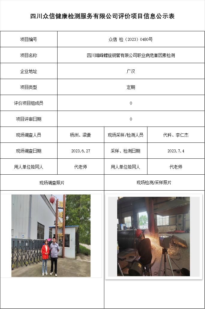 四川瑞峰螺旋钢管有限公司职业病危害因素检测