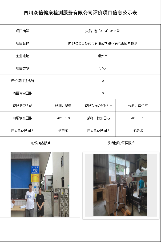 成都欧诺美格家具有限公司职业病危害因素检测