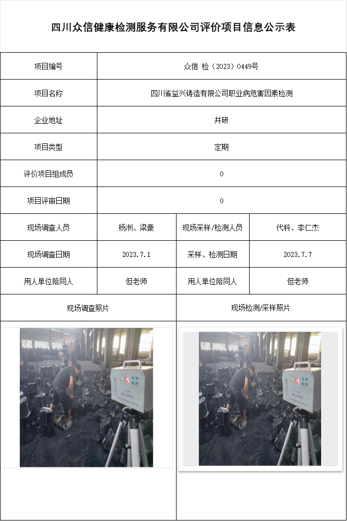 四川省益兴铸造有限公司职业病危害因素检测