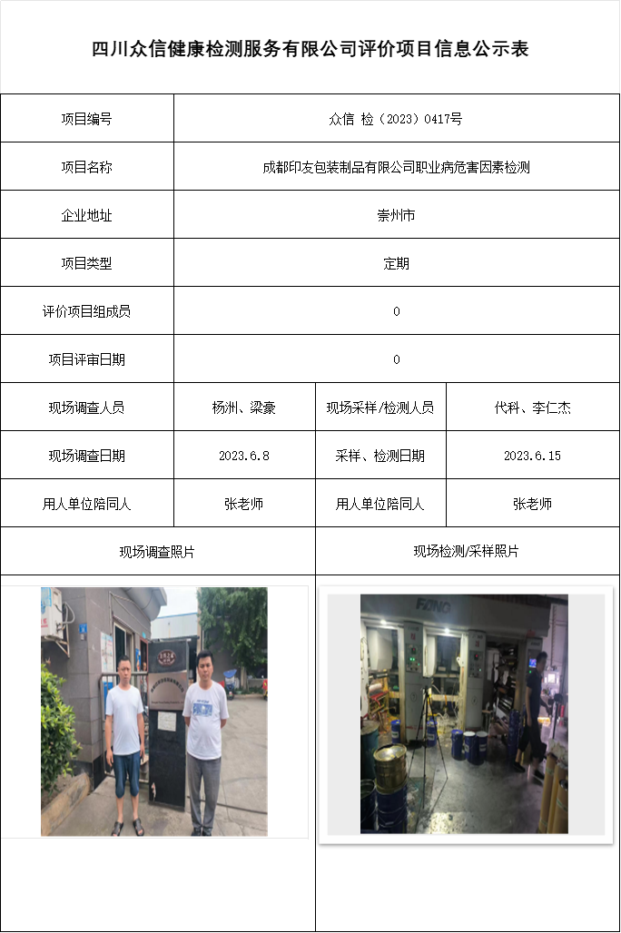 成都印友包装制品有限公司职业病危害因素检测