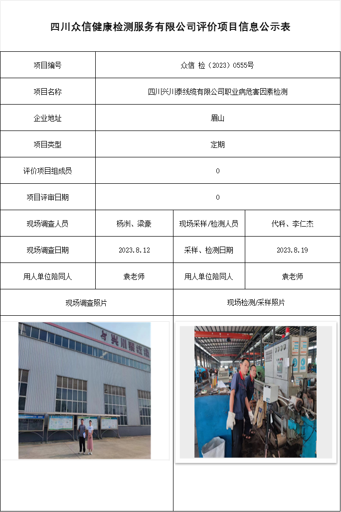 四川兴川泰线缆有限公司职业病危害因素检测