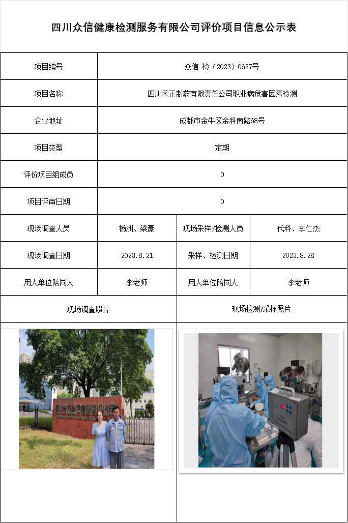 四川禾正制药有限责任公司职业病危害因素检测