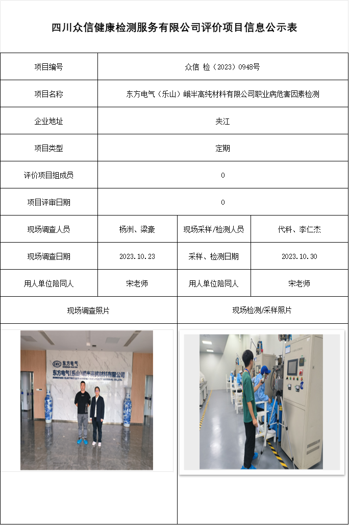东方电气（乐山）峨半高纯材料有限公司职业病危害因素检测
