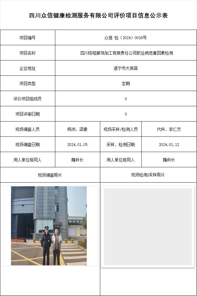  四川绥程服饰加工有限责任公司职业病危害因素检测