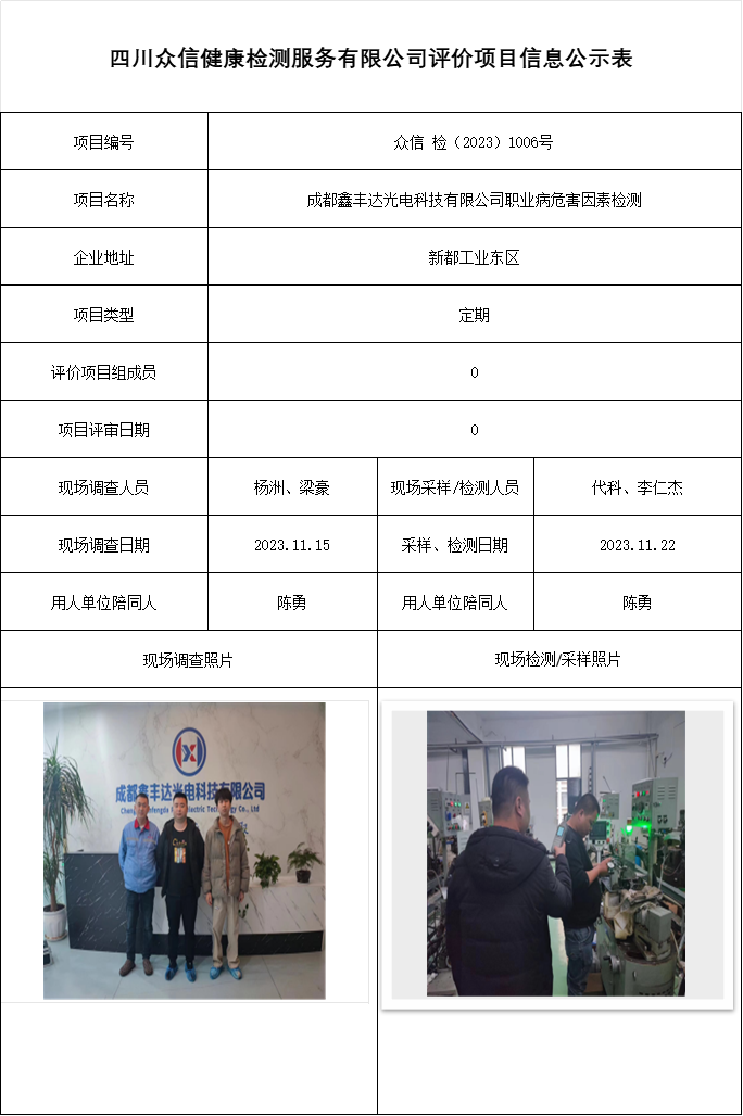 成都鑫丰达光电科技有限公司职业病危害因素检测