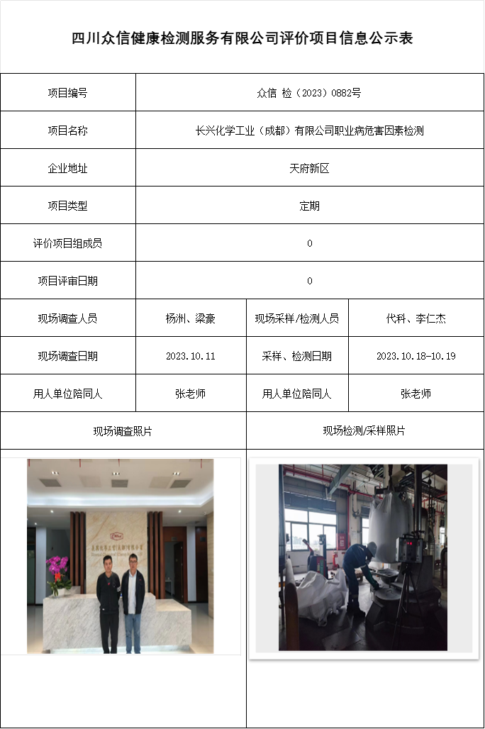 长兴化学工业（成都）有限公司职业病危害因素检测