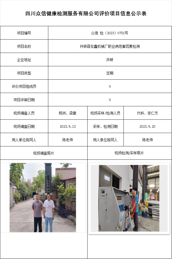 井研县宏鑫机械厂职业病危害因素检测