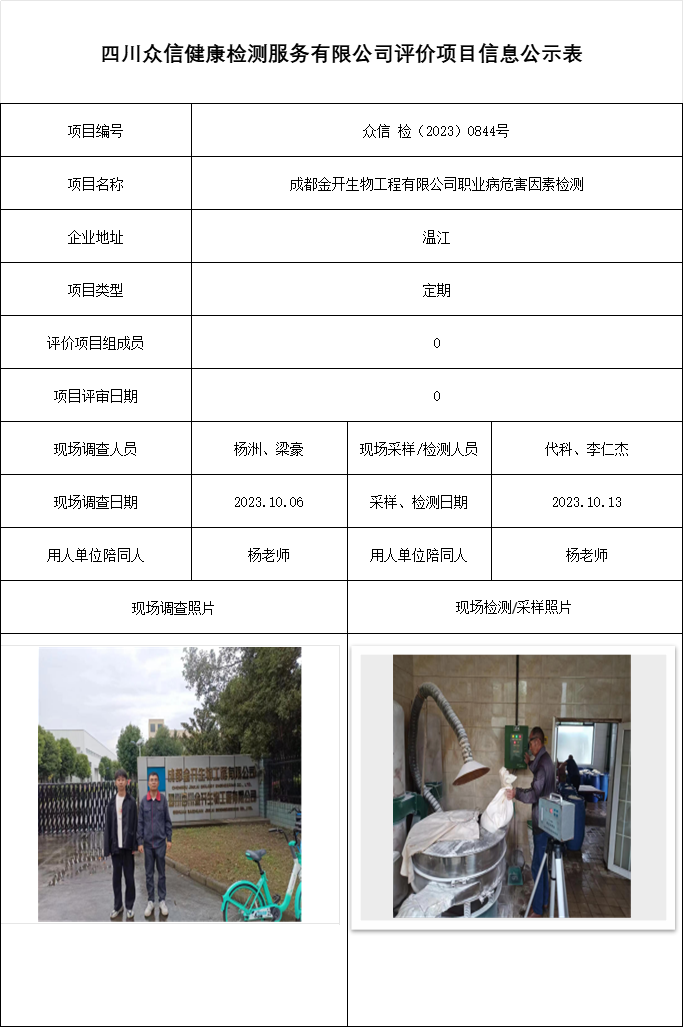 成都金开生物工程有限公司职业病危害因素检测