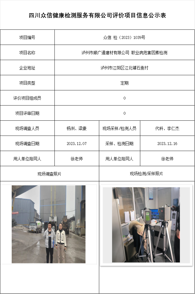 泸州市顺广通建材有限公司 职业病危害因素检测
