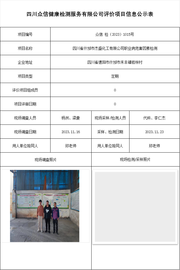 四川省什邡市杰盛化工有限公司职业病危害因素检测