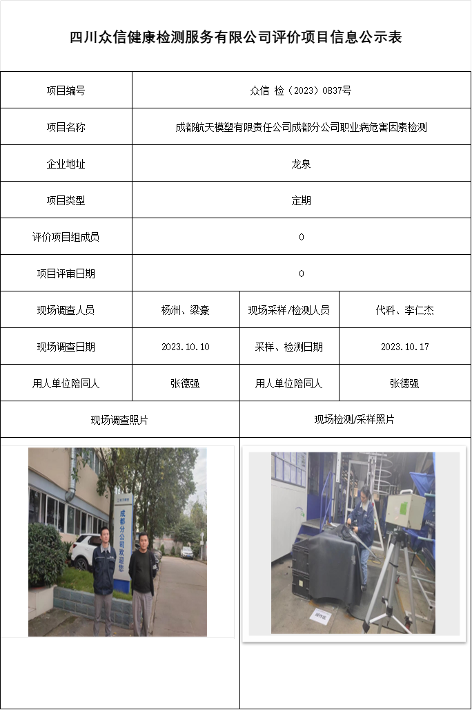 成都航天模塑有限责任公司成都分公司职业病危害因素检测