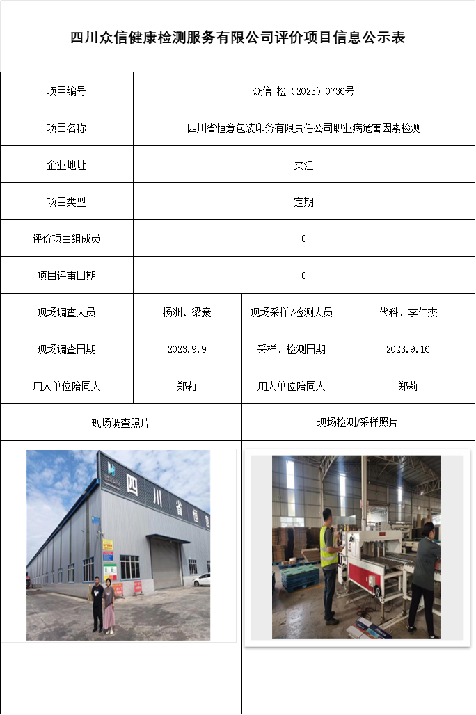 四川省恒意包装印务有限责任公司职业病危害因素检测