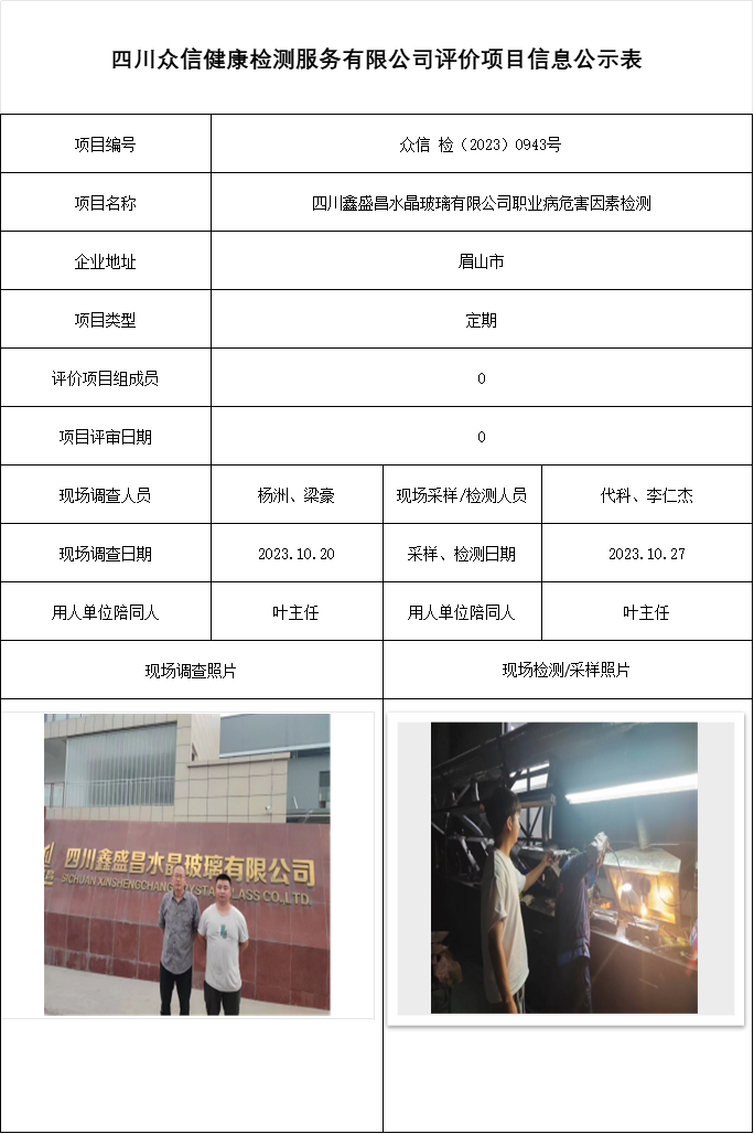 四川鑫盛昌水晶玻璃有限公司职业病危害因素检测