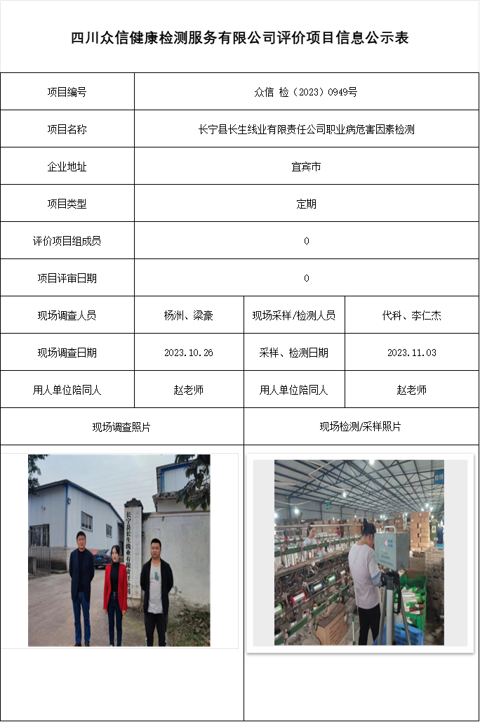 长宁县长生线业有限责任公司职业病危害因素检测