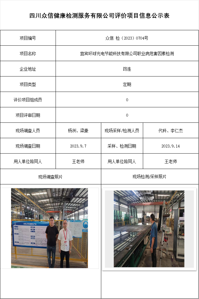宜宾环球光电节能科技有限公司职业病危害因素检测