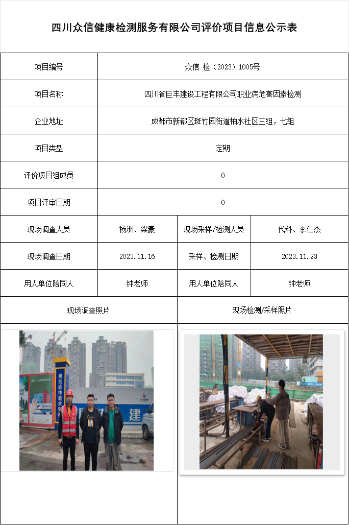 四川省巨丰建设工程有限公司职业病危害因素检测