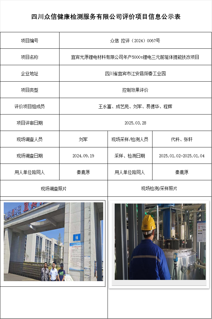 宜宾光原锂电材料有限公司年产5000t锂电三元前驱体提能技改项目控制效果评价