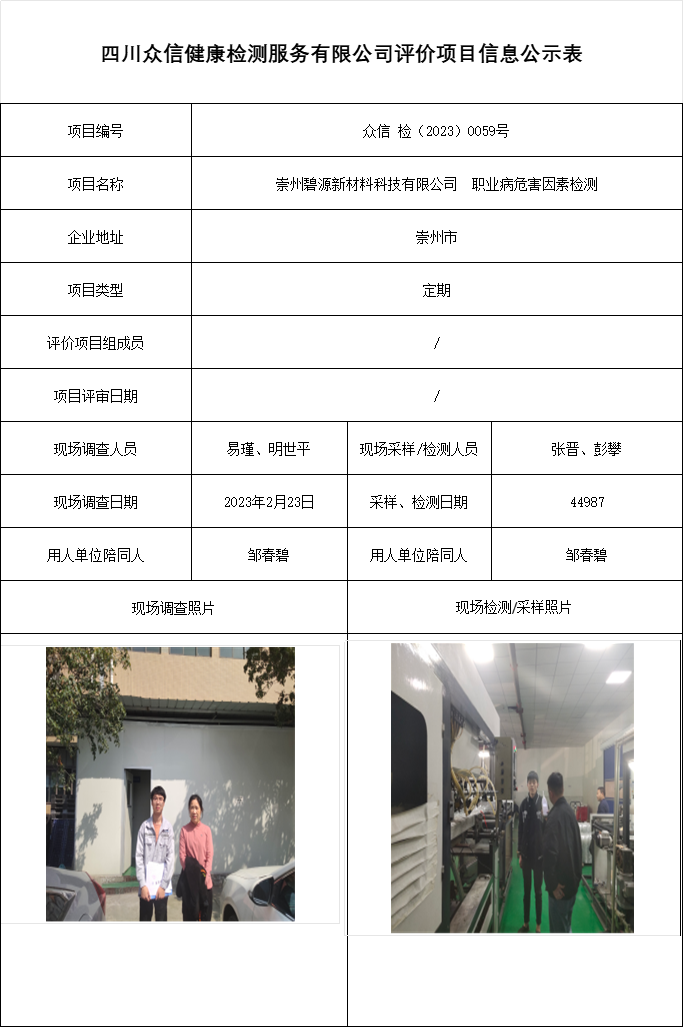 崇州碧源新材料科技有限公司  职业病危害因素检测