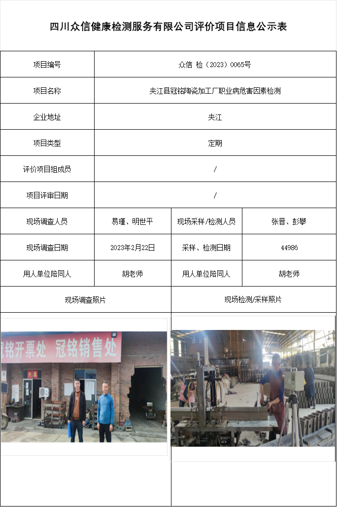 夹江县冠铭陶瓷加工厂职业病危害因素检测