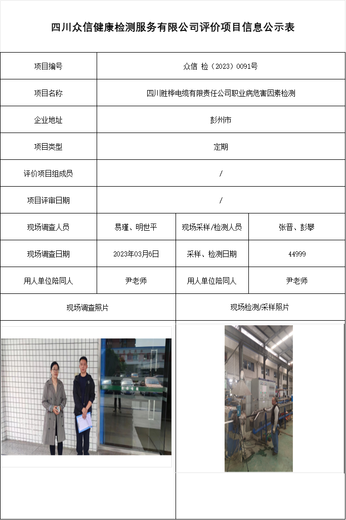 四川胜桦电缆有限责任公司职业病危害因素检测