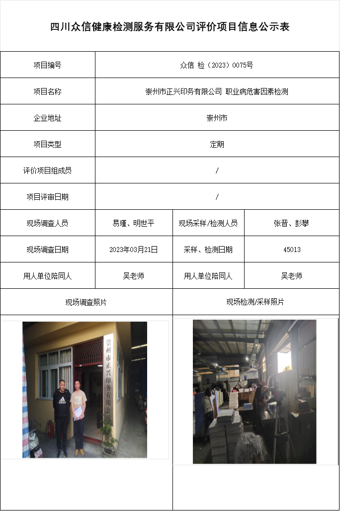 崇州市正兴印务有限公司 职业病危害因素检测