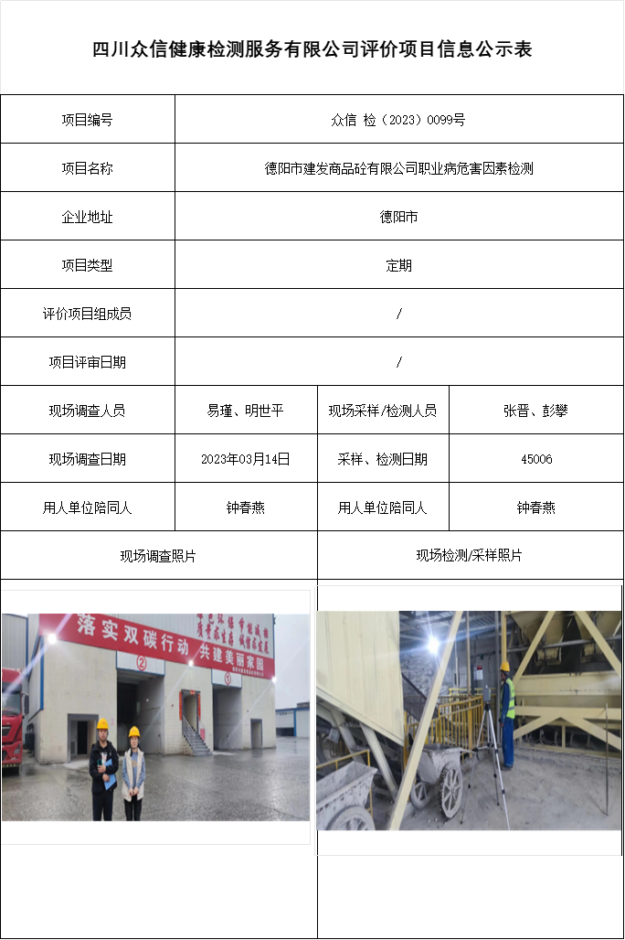 德阳市建发商品砼有限公司职业病危害因素检测