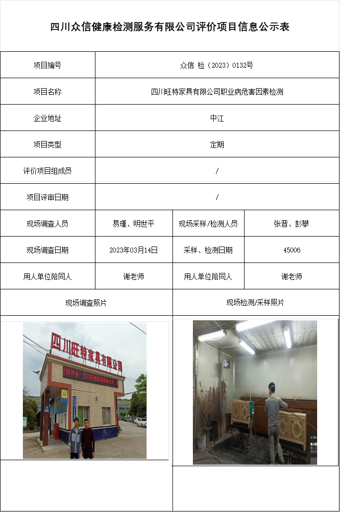四川旺特家具有限公司职业病危害因素检测