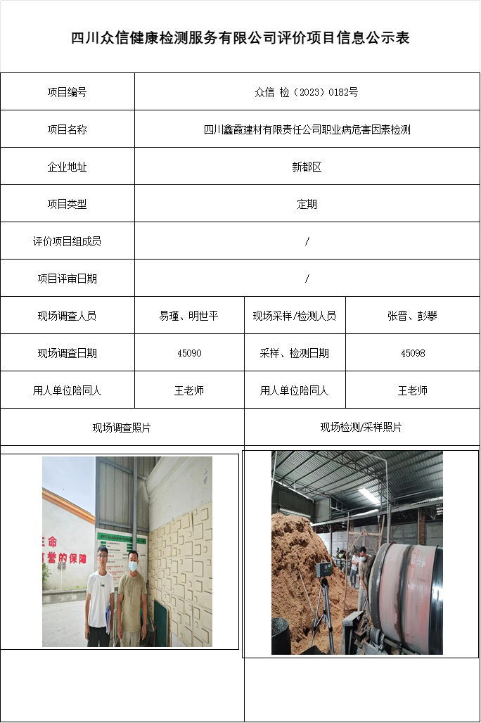 四川鑫霞建材有限责任公司职业病危害因素检测