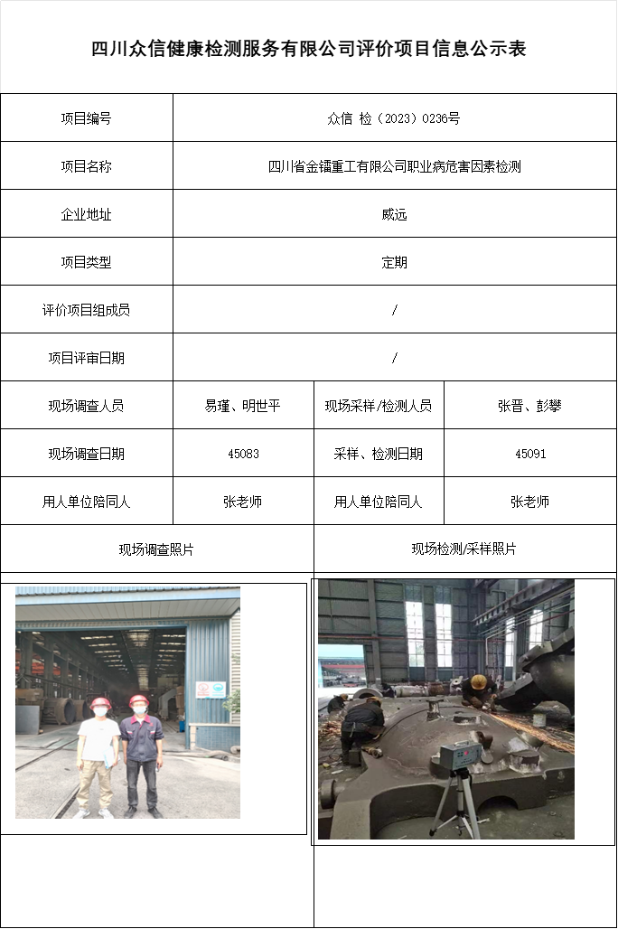 四川省金镭重工有限公司职业病危害因素检测