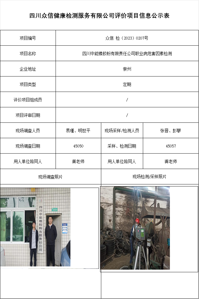 四川中能橡胶粉有限责任公司职业病危害因素检测