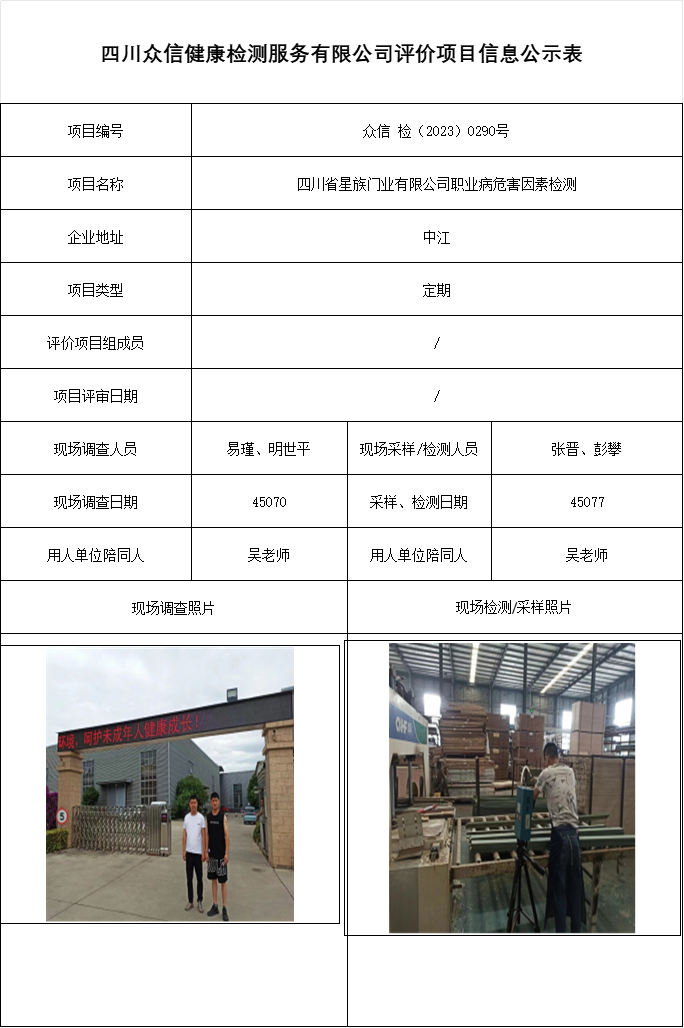 四川省星族门业有限公司职业病危害因素检测