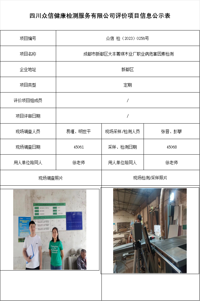  成都市新都区大丰菁琪木业厂职业病危害因素检测