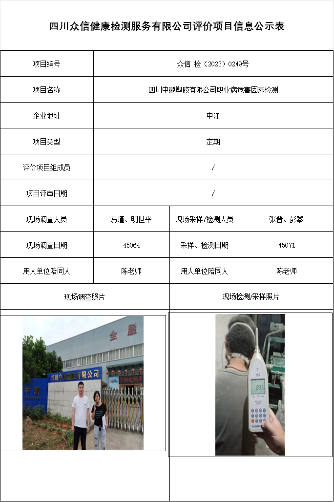 四川中鹏塑胶有限公司职业病危害因素检测