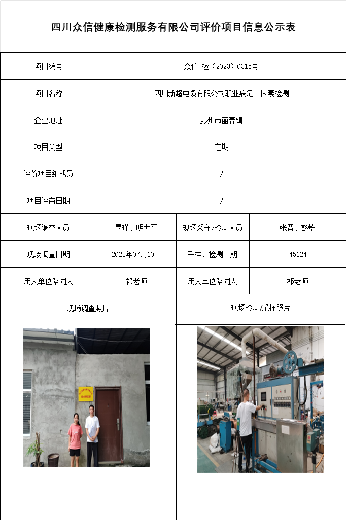 四川新超电缆有限公司职业病危害因素检测