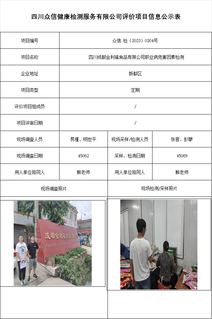  四川成都金利福食品有限公司职业病危害因素检测