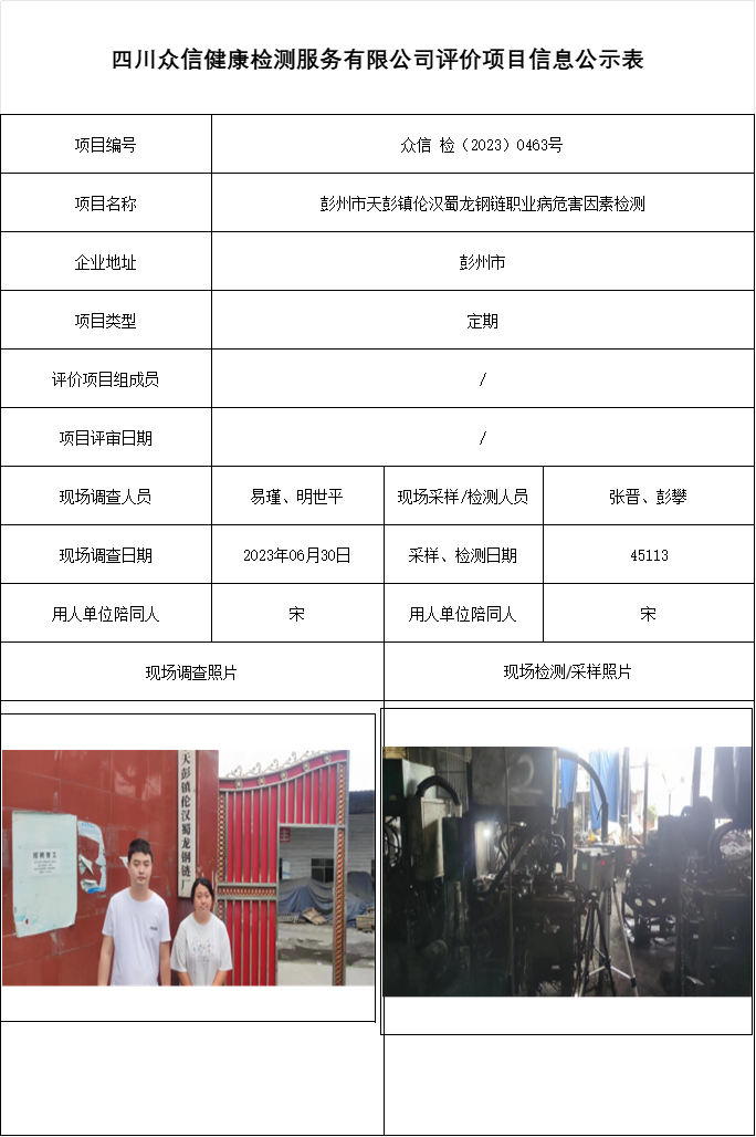 彭州市天彭镇伦汉蜀龙钢链职业病危害因素检测