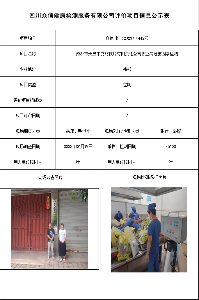 成都市天晟中药材饮片有限责任公司职业病危害因素检测
