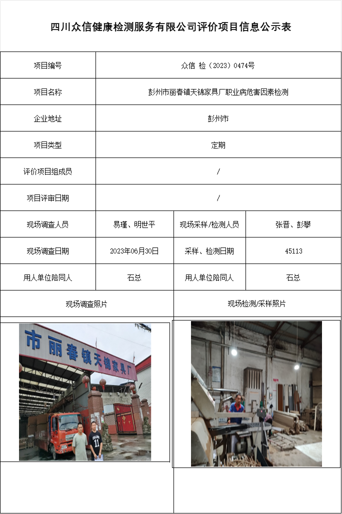 彭州市丽春镇天锦家具厂职业病危害因素检测