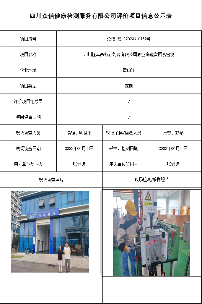 四川恒丰赛特新能源有限公司职业病危害因素检测
